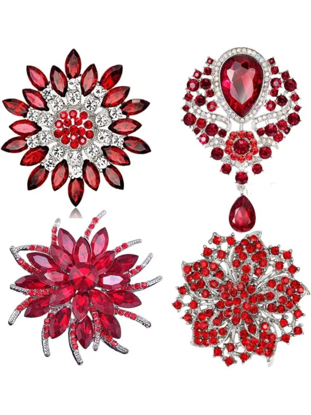 4Pcs Rhinestone Crystal Brooch Set - Large Fashion Jewelry Accessories Lot